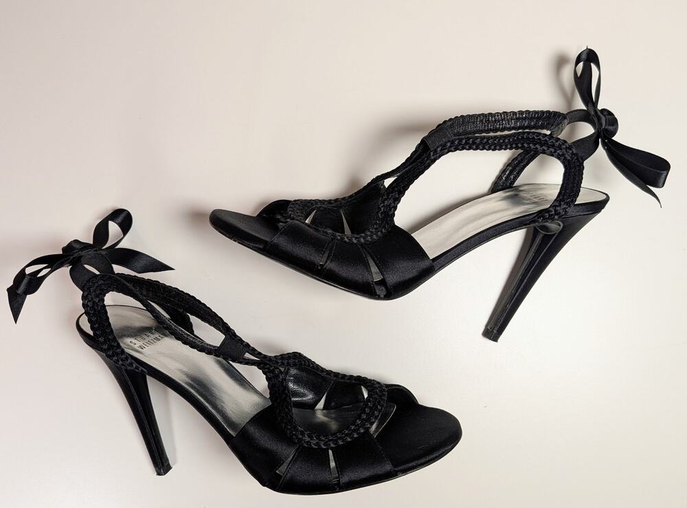 Stuart Weitzman Y2K Braided Satin Cutout Heels w/ Bows Black 10